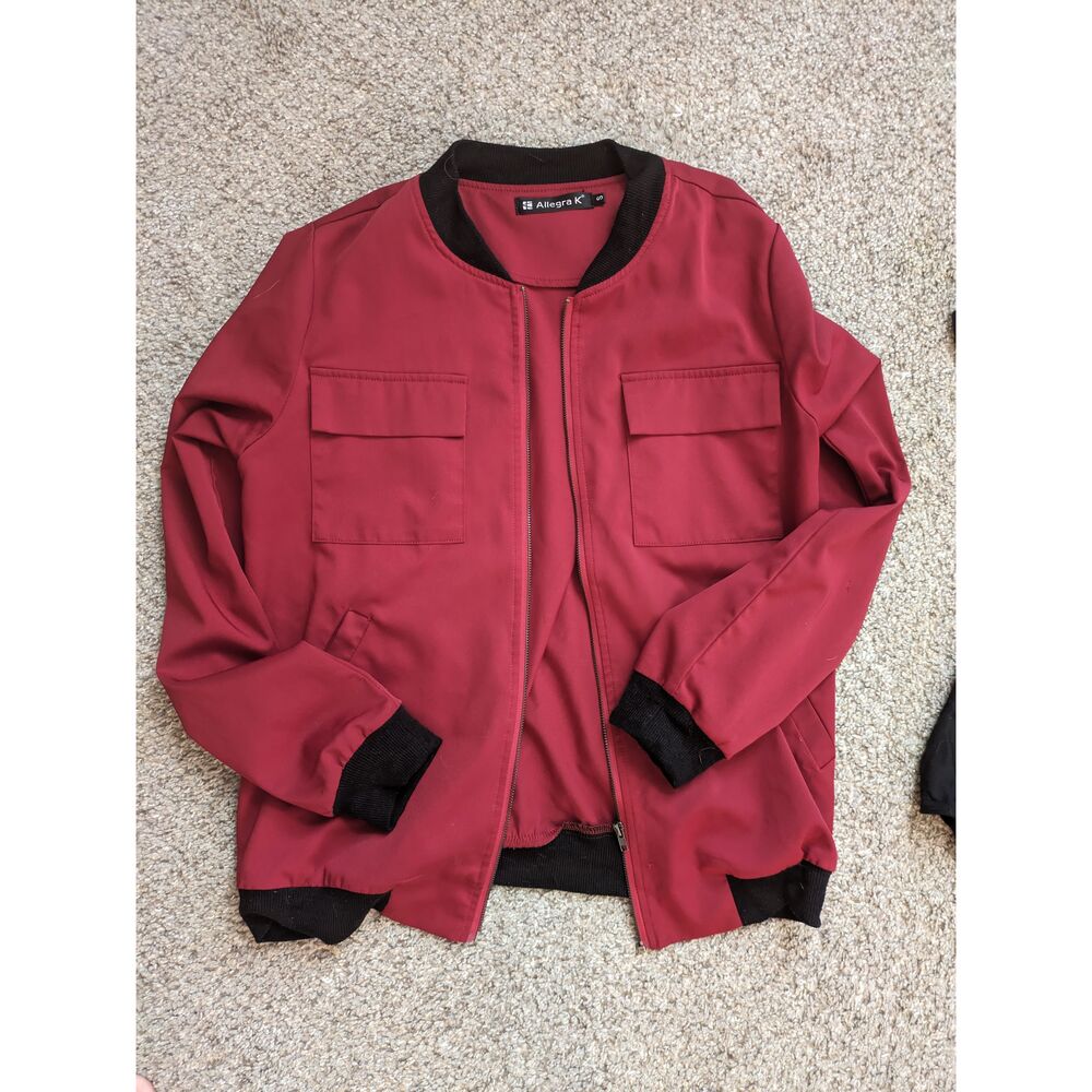 Allegra K Red Ribbed Collar Cuffs Hem Bomber Jacket Small